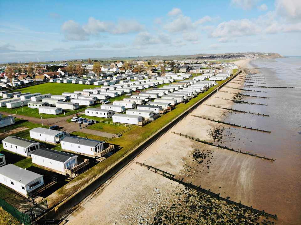 Aerial view of mobile homes near the beach.