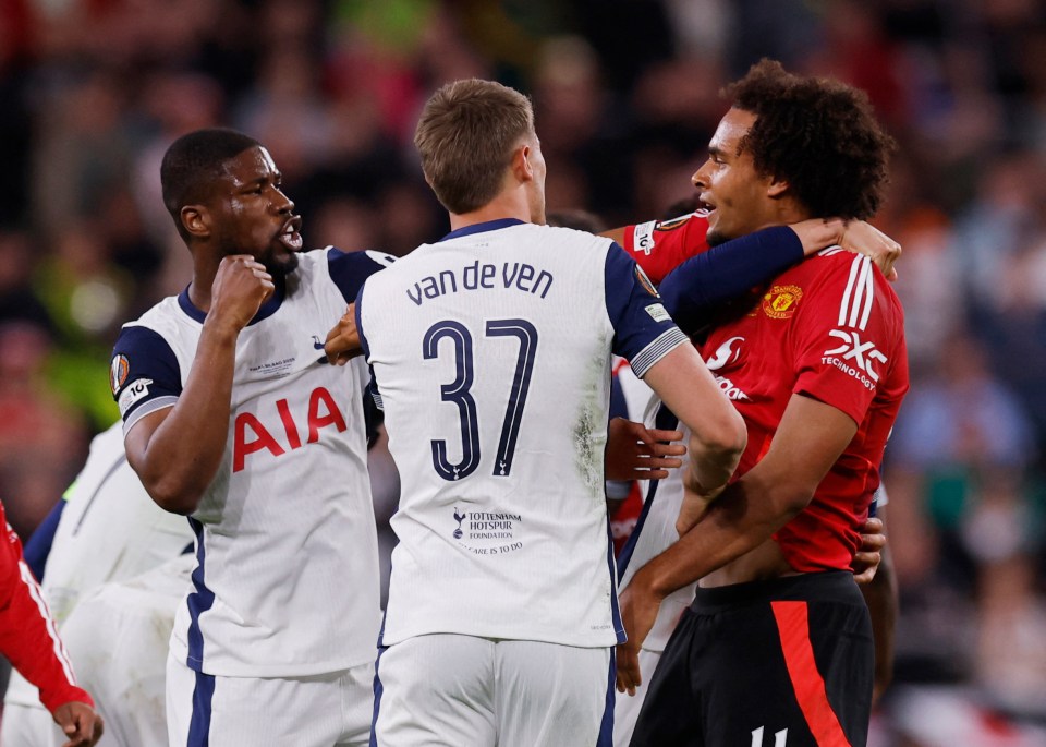 Tottenham Hotspur and Manchester United soccer players interacting on the field.