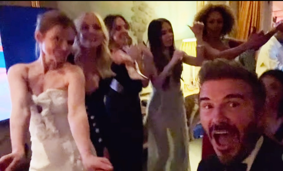 The Spice Girls and David Beckham at a birthday party.
