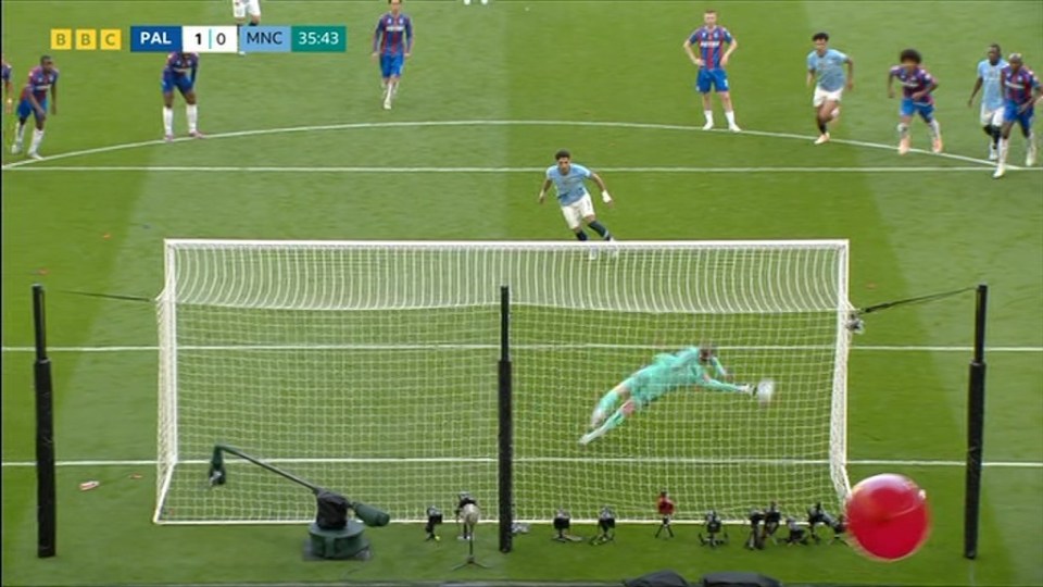 Soccer goalie diving to save a goal.