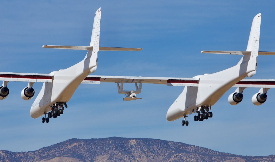 Stratolaunch Roc, the world's biggest airplane, in flight.