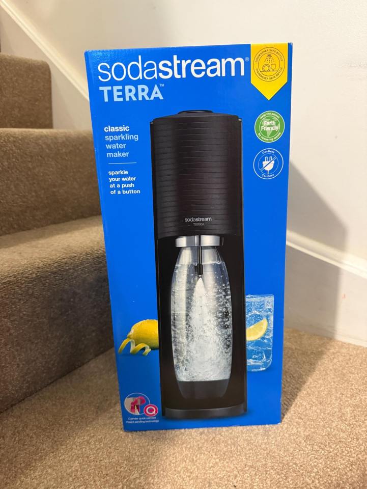 Sodastream Terra sparkling water maker in its box.