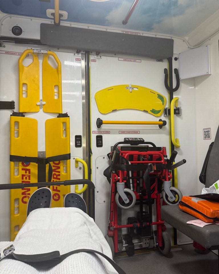 Interior of an ambulance with medical equipment.
