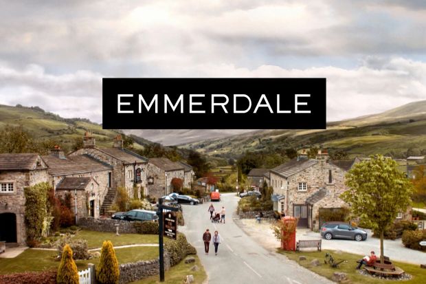 An image collage containing 1 images, Image 1 shows Emmerdale title card over village scene