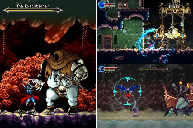 An image collage containing 3 images, Image 1 shows Illustration of a video game scene showing a battle between a small character and a large hooded figure amidst a pile of skulls, Image 2 shows Screenshot of a video game showing a character using a blue magic attack, Image 3 shows Illustration of a video game scene showing a winged character battling a crab-like creature