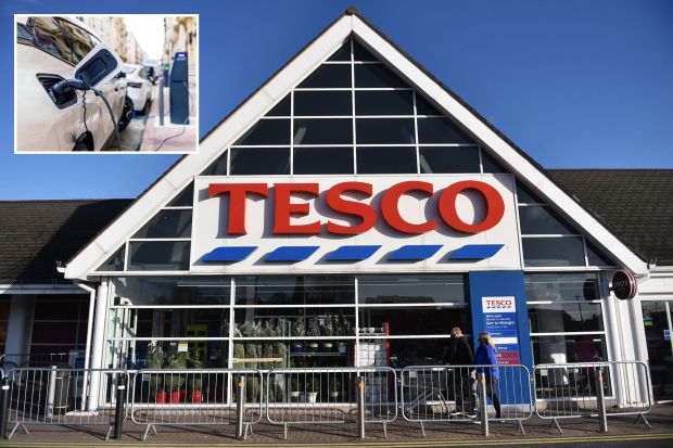 An image collage containing 2 images, Image 1 shows Tesco supermarket exterior, Image 2 shows Electric car charging at a city street charging station